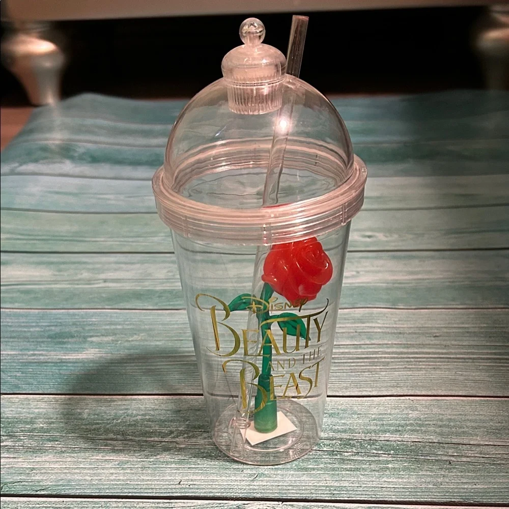 Disney Beauty and the Beast Clear Cup with Red Rose